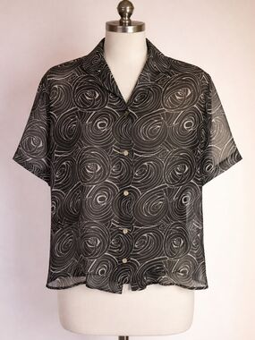 Black Swirl Print Short-Sleeve Blouse
